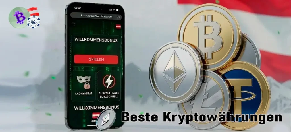 Top Kryptowährungen für Ein- und Auszahlungen: BTC, ETH, LTC, USDT.